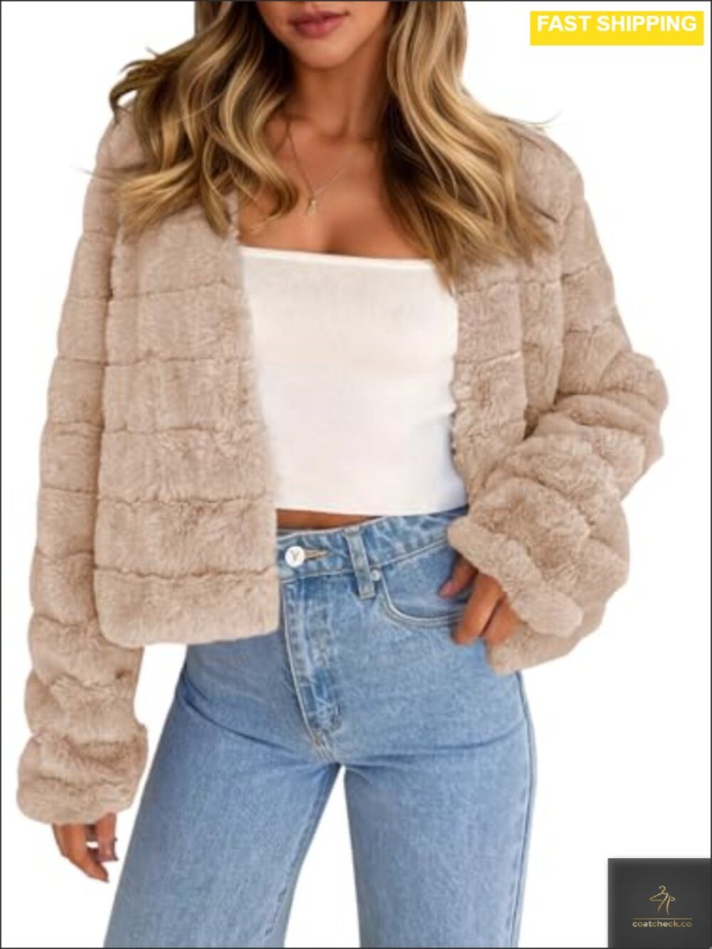Faux Fur Cropped Jacket Long Sleeve Open Front Fluffy Coat